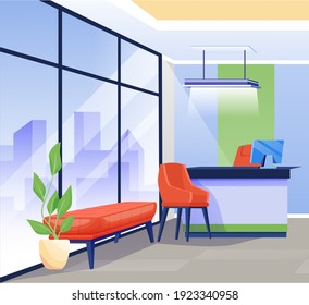 Bank office interior background scene. Finance services, business department place vector illustration. Financial workplace design with desk, chairs, computer, window, bench, plant.