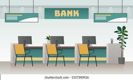 Bank Office Interior. Big Work Corporate Room With Computer And Desk Or Table, Empty Inside Space Of Building Vector Banking Modern Working Design