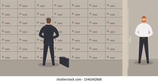 Bank office interior: businessman is standing near deposit safes, 
briefcase with money.Elegant interior of depositary in financial institution with customer. Corridor with clerk. Vector illustration