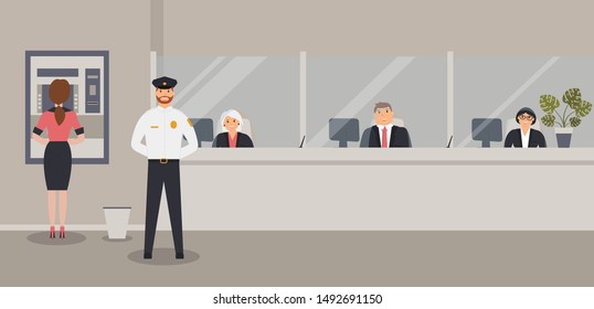 Bank Office Interior: Bank Clerks Sit Behind Barrier With Glass, ATM Or Cash Machine.Elegant Interior Financial Institution. Hall With Bank Counter With Clients And Security Guard. Vector Illustration