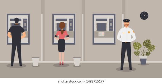 Bank office interior: Bank clerks sit behind barrier with glass, ATM or cash machine.Elegant interior financial institution. Hall with bank counter with clients and security guard. Vector illustration