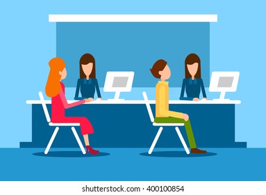Bank Office Interior Client Man Woman Sit Desk Banker Worker Workplace Flat Vector Illustration