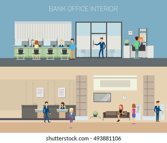 Bank office interior with consultants at reception with computers and clients sitting on couch and chairs, people using cash dispenser. Great for financial and credit, banking and consulting theme