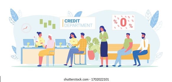 Bank Office Interior in Credit Department Flat Cartoon Vector Illustration. Professional Banking Service, Finance Managers Working with Clients. Deposit Consultation. People Waiting in Queue.