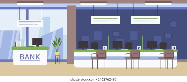 Bank office interior. Customer service counter at bank lobby, banking workplace flat vector background illustration of bank counter, finance interior office