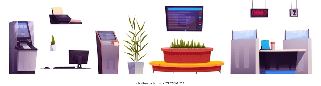 Bank office interior design elements set isolated on white background. Vector cartoon illustration of atm for money withdrawal, electronic queue equipment, manager desk, computer, couch, flower pots