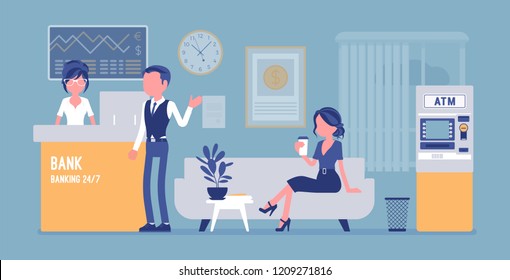 Bank office interior design. Modern financial center with services to customers, assistant offering personal and business help for clients, inside room view. Vector illustration, faceless characters