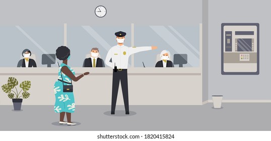 Bank Office Interior During Virus Epidemic. Bank Clerks In Face Masks Sit Behind Barrier With Glass, ATM Or Cash Machine.Financial Institution.Hall With Counter With Clients And Security Guard. Vector