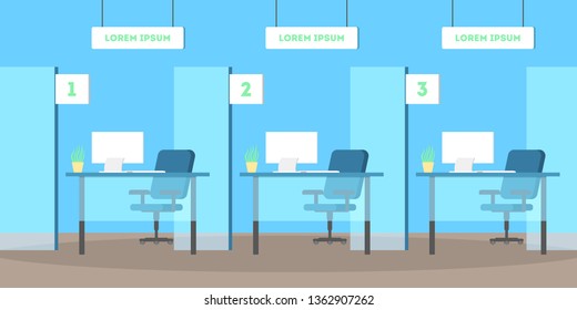 Bank office interior. Empty room. Finance service and money exchange. Bank counter, computer on the desk. Flat vector illustration