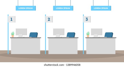 Bank Office Interior. Empty Room. Finance Service And Money Exchange. Bank Counter, Computer On The Desk. Flat Vector Illustration