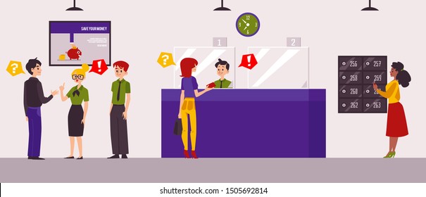 Bank office interior - flat cartoon banner with workers and customers. Client consultant, cash counter and safety deposit box service, vector illustration.
