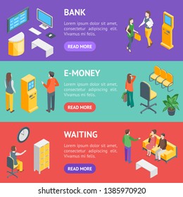 Bank Office Interior with Furniture and People Banner Horizontal Set Isometric View Client Service Concept Include of Queue and Staff. Vector illustration