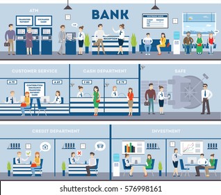 Bank And Office Interior. Inside Bank Interior With Reception, Consulting, Customer, Atm And Business Office.