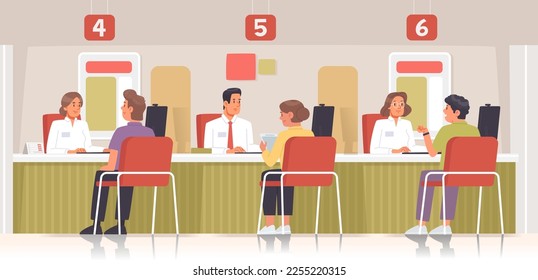 Bank office interior. Men and women customers communicate with employees of the credit department. Bank employees providing services to customers. Vector illustration in modern flat style