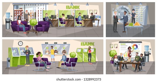 Bank office interior. People make financial operations. Currency exchange, ATM operation and consulting. Security at the safe. Vector illustration in cartoon style