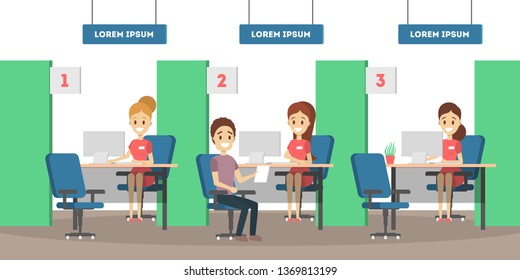 Bank office interior. People make financial operations. Currency exchange, credit and consulting. Client sitting at counter. Isolated flat vector illustration