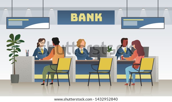 Bank office
interior. Professional banking service, finance manager and
clients. Credit, deposit consult management and counter serviced
indoor payment cashier vector
concept