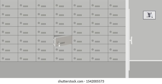 Bank office interior: room depository with deposit safes for store valuables.Elegant interior of depositary in financial institution without customers. Corridor with painting. Vector illustration
