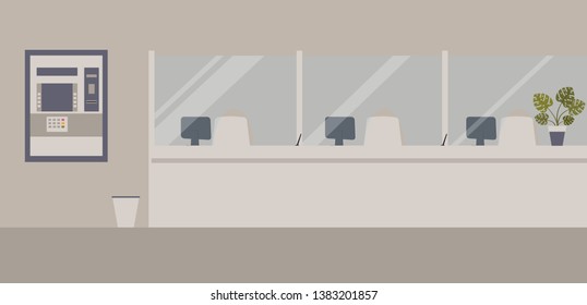 Bank Office Interior:Bank Barrier With Glass, ATM Or Cash Machine,bin.Elegant Interior Financial Institution. Hall With Bank Counter With Plant Monstera In Pot On It. Vector Illustration