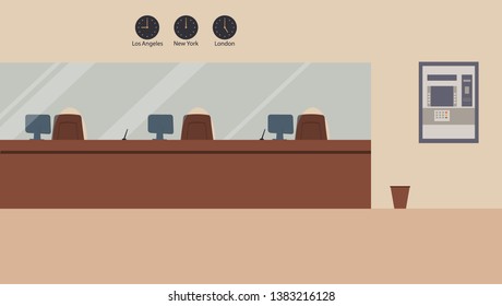 Bank office interior:Bank barrier with glass, ATM or cash machine,bin.Elegant interior financial institution. Hall with bank counter and wall clock with time in different cities. Vector illustration