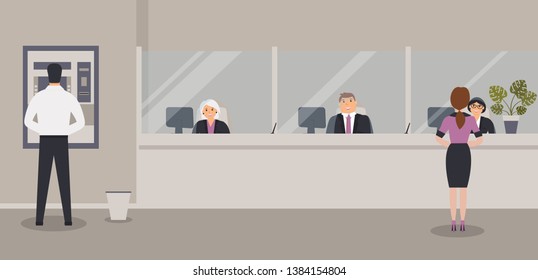 Bank office interior:Bank clerks sit behind barrier with glass, ATM or cash machine,bin.Elegant interior financial institution. Hall with bank counter with plant monstera in pot. Vector illustration
