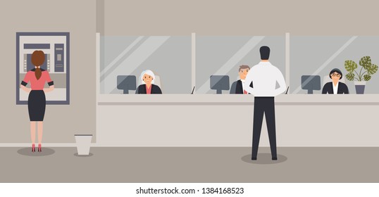 Bank Office Interior:Bank Clerks Sit Behind Barrier With Glass, ATM Or Cash Machine,bin.Elegant Interior Financial Institution. Hall With Bank Counter With Plant Monstera In Pot. Vector Illustration