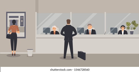 Bank office interior:Bank clerks sit behind barrier with glass, ATM or cash machine,bin.Elegant interior financial institution. Hall with bank counter with plant monstera in pot. Vector illustration