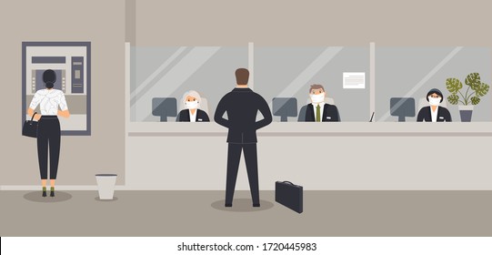 Bank office interior:Bank clerks sit behind barrier with glass, ATM or cash machine,bin.Elegant interior financial institution. Hall with bank counter with plant monstera in pot. Vector illustration