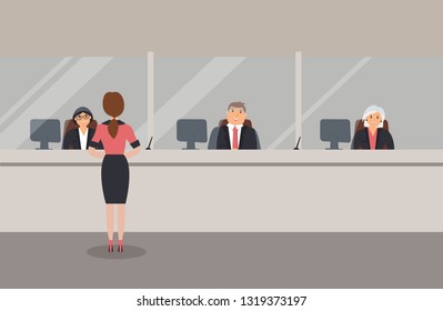 Bank office interior:Bank employees sit behind a barrier with glass and serve the Bank customers.Elegant interior financial institution.Female client stands near the Bank counter. Vector illustration