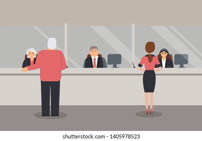 Bank office interior:Bank employees sit behind a barrier with glass and serve the Bank customers.Elegant interior financial institution.Female and male clients stand near the Bank counter. Vector