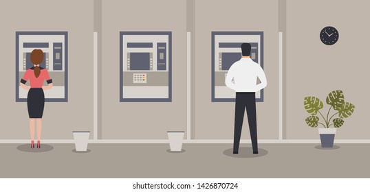 Bank Office Interior.Elegant Interior Financial Institution.Female And Male Clients Stand Near The Bank Counters. Monstera In Pot And Wall Clock.Vector