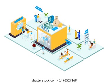 Bank office isometric set with workers and clients, Interior bank with client and department service illustration
