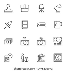 Bank office line icons set. linear style symbols collection, outline signs pack. vector graphics. Set includes icons as stamp, portfolio, chair, desk lamp, push pin, cupboard, stapler, money bill