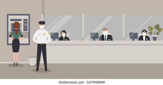 Bank office is open during epidemic of virus. Employees in protective medical masks serve customers. Hall with ATM or cash machine,counter,monstera and security guard. Vector flat illustration