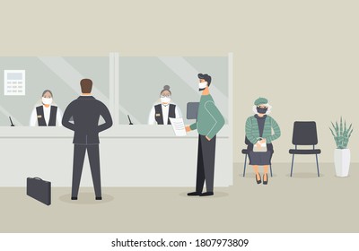 Bank office is open during epidemic of virus.Employees in protective medical mask behind counter serve customers.Clients stand in hall near cash register window and talk to clerks.Vector illustration