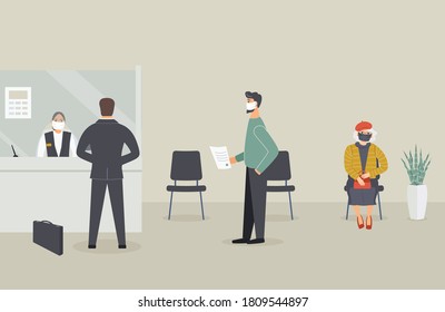 Bank office is open during epidemic of virus.Employee in protective medical mask behind counter serve customers.Clients stand in hall near cash register window and talk to clerk.Vector illustration