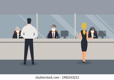 Bank office is open during epidemic of virus. Employees in protective medical masks behind counter serve customers. Clients stand in hall and talk to clerks. Vector flat illustration