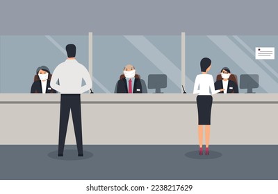 Bank office is open during epidemic of virus. Employees in protective medical masks behind counter serve customers. Clients stand in hall and talk to clerks. Vector flat illustration