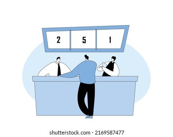 Bank Office Reception Concept. Client Talking to Manager about Deposit or Cash Operation. Bank Worker Providing Service to Customer. Customer Waiting in Queue Flat Cartoon PeopleVector Illustration