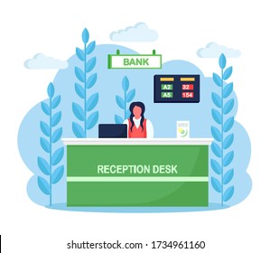 Bank Office Reception Counter, Desk With Employee, Manager Consultant. Banking Branch Interior. Financial Consulting Center. Vector Cartoon Design