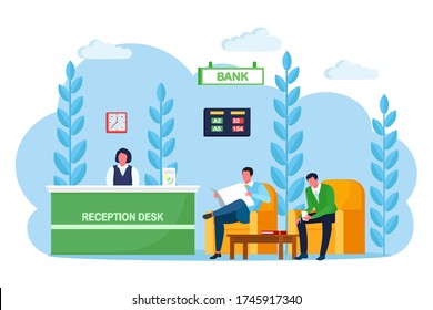 Bank Office Reception Counter, Desk With Employee, Manager Consultant. Banking Branch Interior. Lobby Or Waiting Room With Soft Armchair, Cofee Table Financial Consulting Center. Vector Cartoon Design