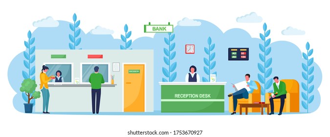 Bank office reception counter with employee, manager consultant. Cashier women working at desk  Lobby or waiting room. Client and teller behind cash department window. Financial center. Vector design