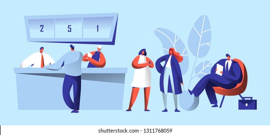 Bank Office Reception Work People. Client Talking to Manager about Deposit or Cash Operation. Bank Worker Providing Service to Customer. Customer Waiting in Queue Flat Cartoon Vector Illustration.