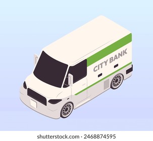 Bank office related isometric icon. Design element with armored bank van for transporting money to ATM. Vehicle for safe delivery of finances. Cartoon 3D vector illustration isolated on background