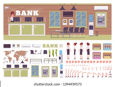 Bank office room and female manager creation kit, worker in financial business center set with furniture, constructor elements to build own interior design. Cartoon flat style infographic illustration