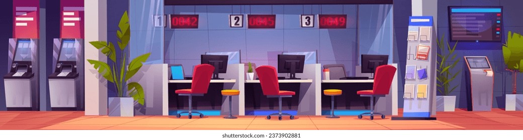 Bank office room inside interior with atm cartoon background. Lobby with counter, desk and chair in service area illustration. Open space corporate workplace in financial department with computer