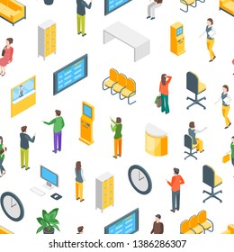 Bank Office Seamless Pattern Background on a White Isometric View Client Service Concept Include of Queue and Staff. Vector illustration