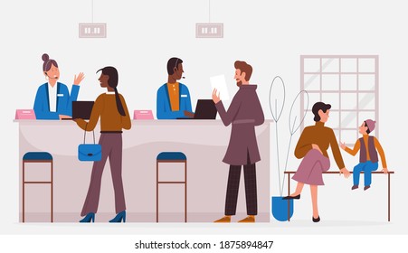 Bank office working with clients, banking service vector illustration. Cartoon customer characters visit professional bank consultant or finance manager for consulting in financial problems background