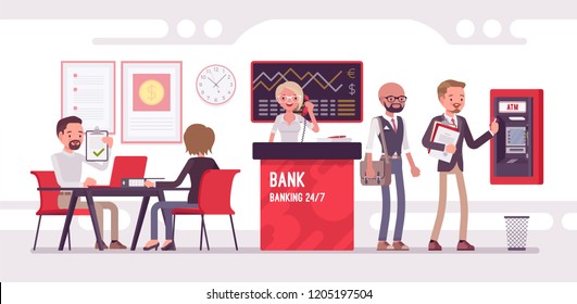 Bank office working with clients. Modern financial institution interior, young professional consultants interacting with customers, white, red interior design. Vector flat style cartoon illustration