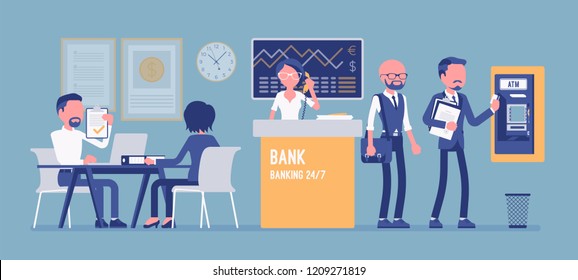 Bank Office Working With Clients. Modern Financial Institution Interior, Young Professional Consultants Interacting With Customers, Interior Design. Vector Illustration, Faceless Characters